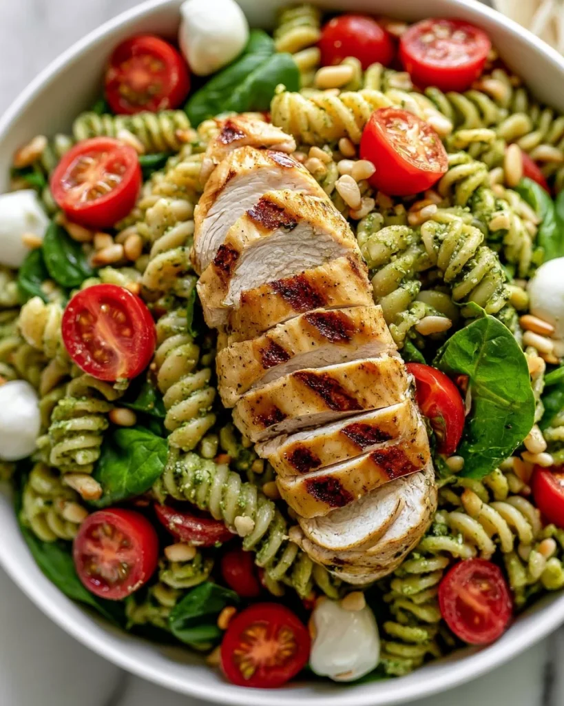 Ensalada de pasta con pollo y pesto en un plato colorido
