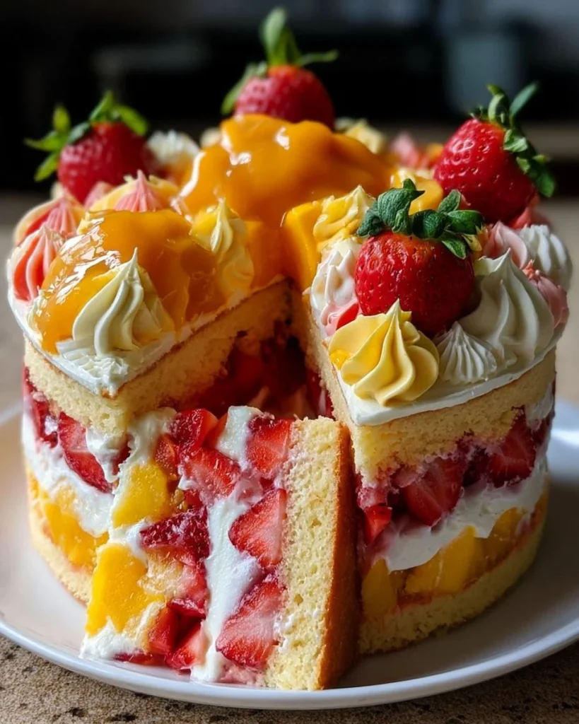 Pastel de fresa y mango decorado con frutas frescas