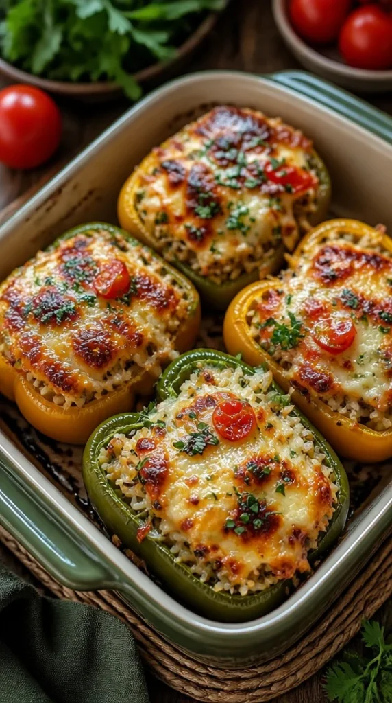 Pimientos rellenos vegetarianos frescos y coloridos en un plato