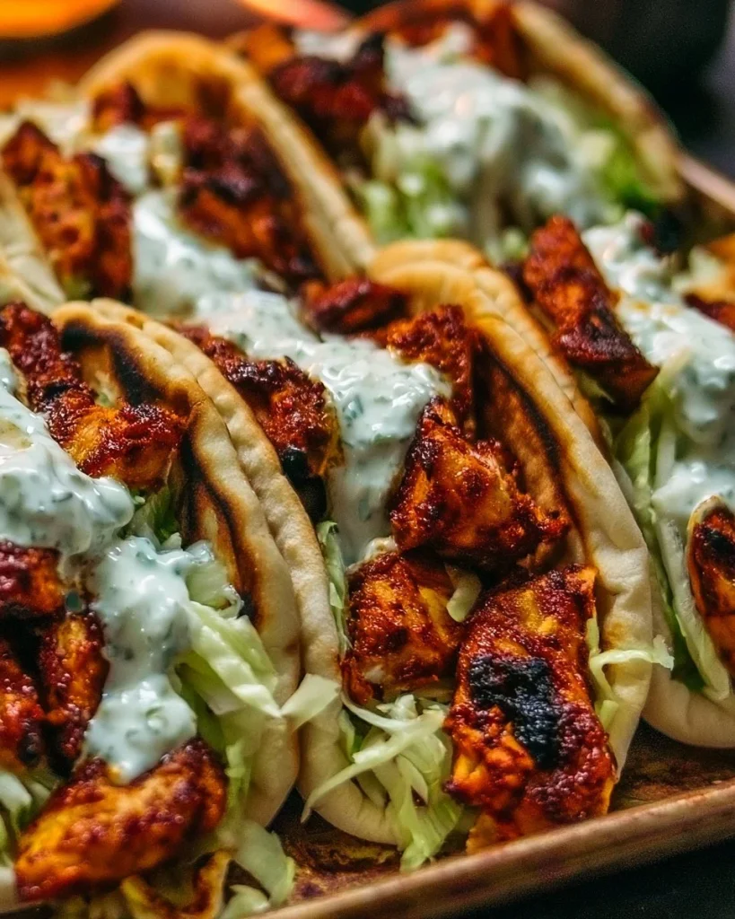 Pitas de Pollo en bandeja con aderezo de hierbas, perfectas para compartir.