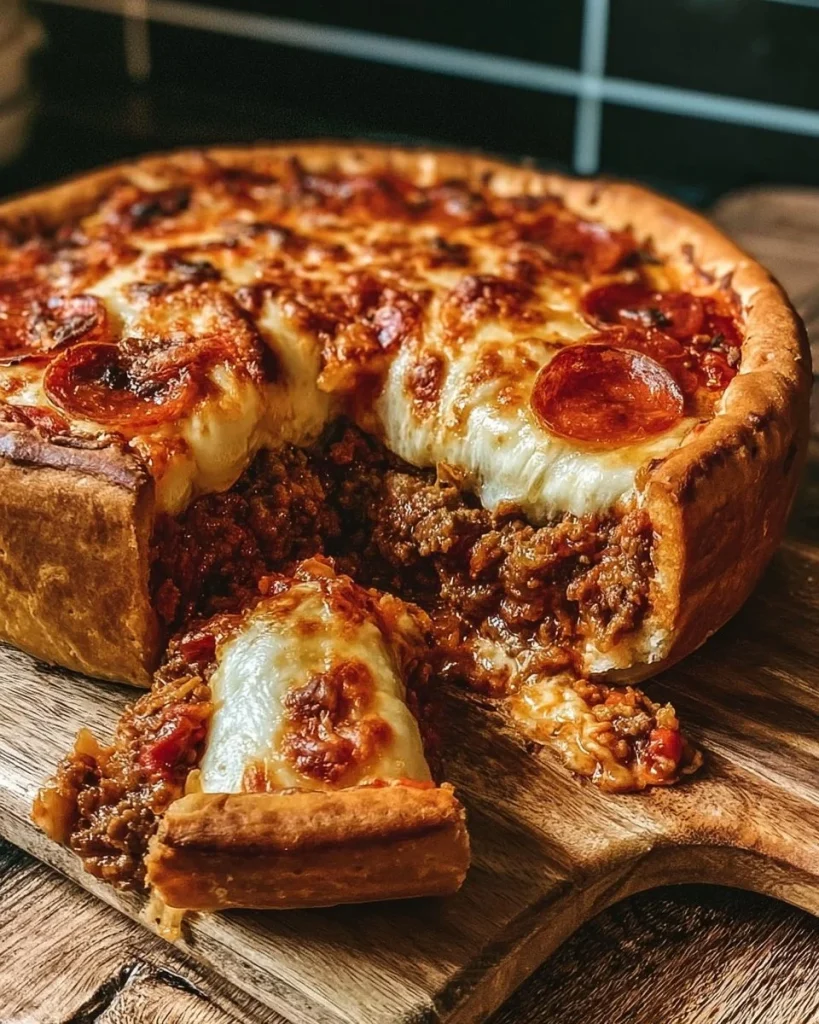 Pizza de Profundidad Estilo Chicago con ingredientes frescos y masa gruesa