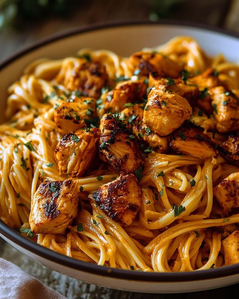Receta de Pollo a la Mantequilla Cowboy con Linguini en un plato