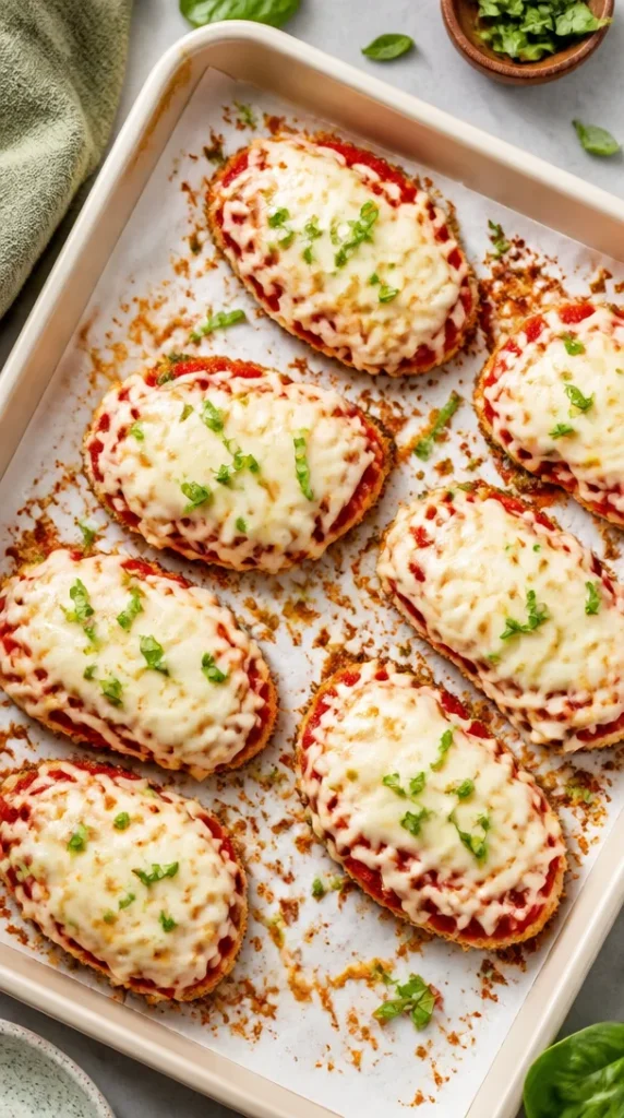 Plato de pollo a la parmesana al horno, crujiente y dorado, servido con salsa de tomate.