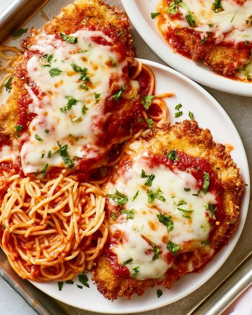 Pollo al horno a la parmesana recién horneado y listo para servir