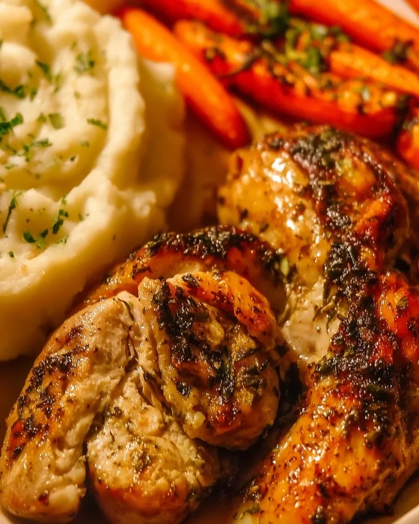 Plato de Pollo con Ajo y Hierbas servido con puré de patatas y zanahorias glaseadas