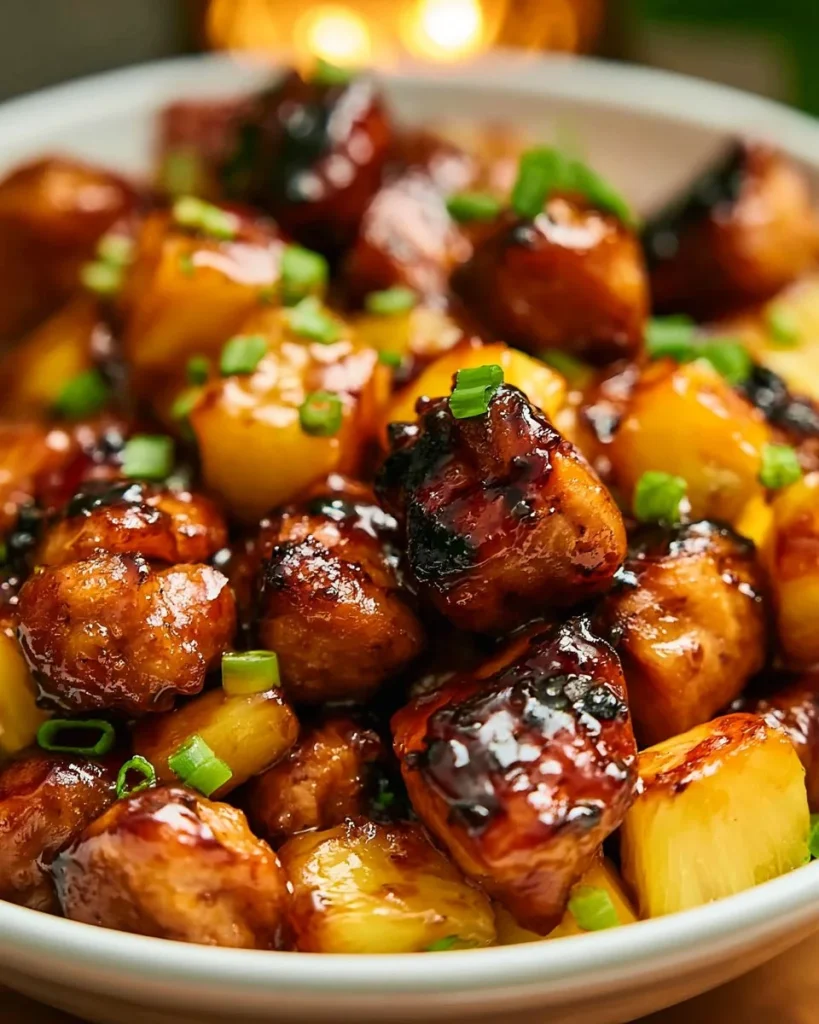 Receta de pollo con piña y azúcar moreno en un plato gourmet