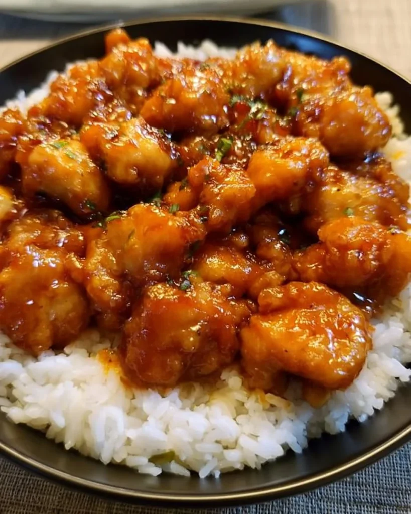 Plato de Pollo del General Tso servido con arroz y vegetales
