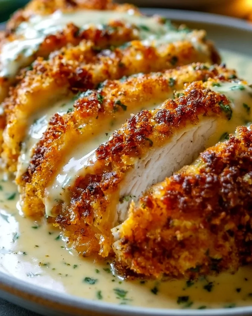 Pollo empanizado con corteza de parmesano, crujiente y sabroso.