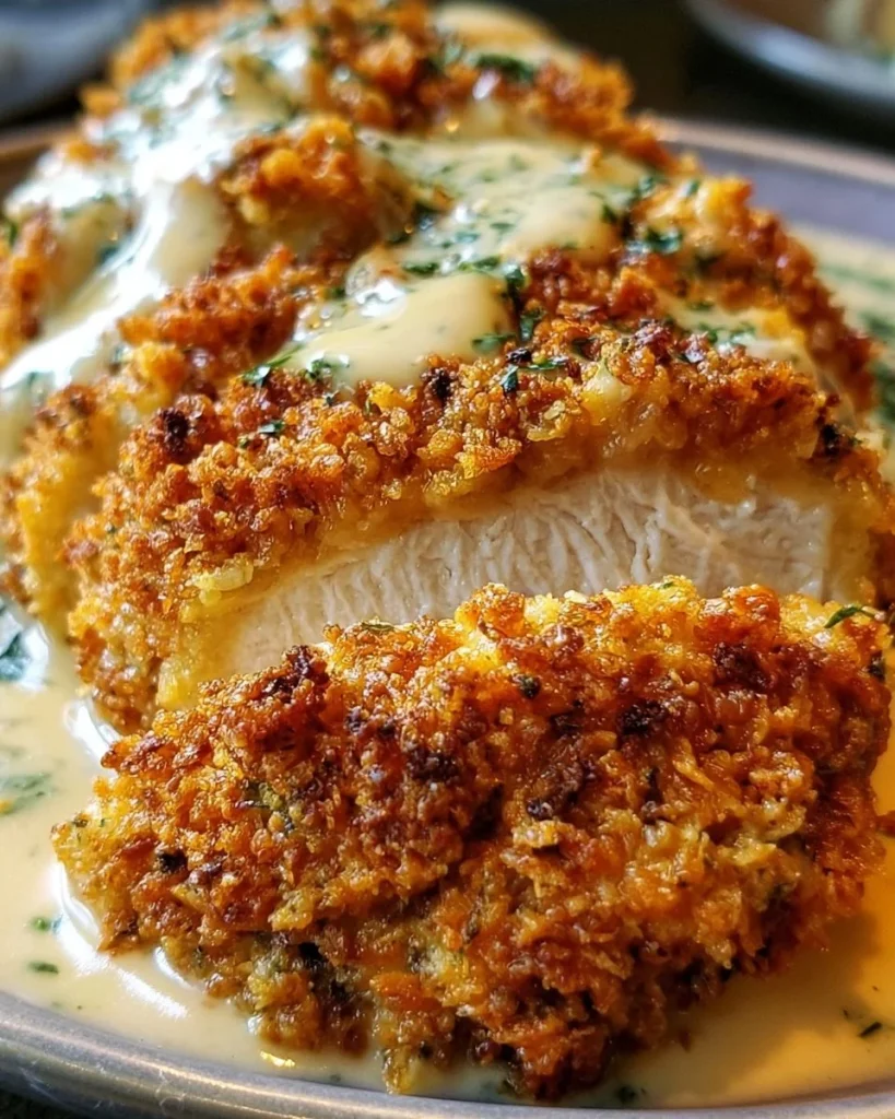 Plato de pollo empanizado con queso parmesano crujiente y guarniciones coloridas