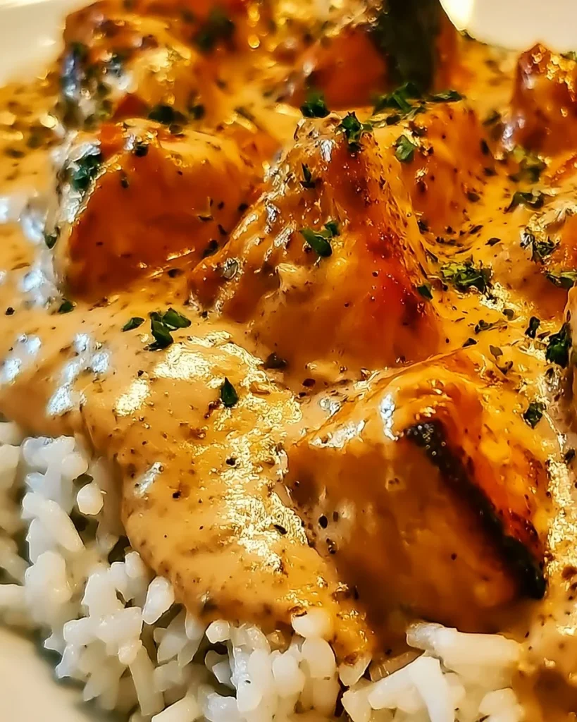 Pollo en salsa cremosa servido con arroz para cenas acogedoras
