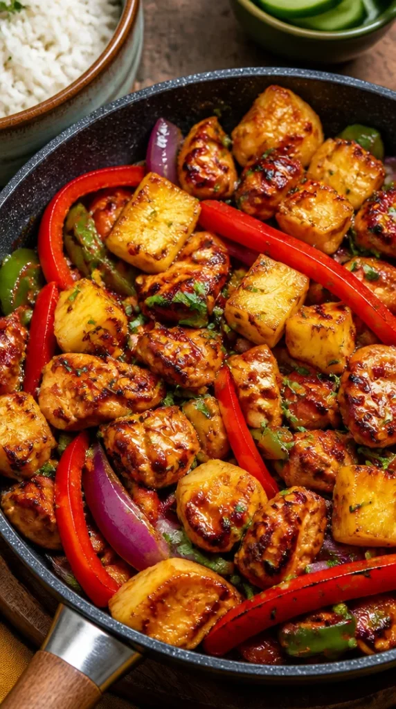 Receta de pollo hawaiano en bandeja para hornear con ingredientes frescos
