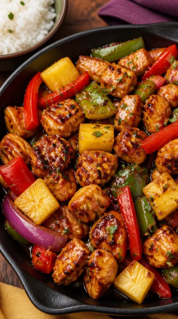 Pollo Hawaiiano preparado en bandeja para hornear, ideal para almuerzos y cenas.