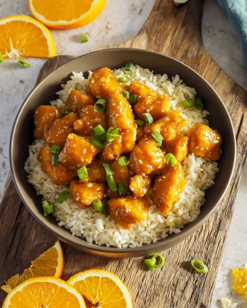 Plato de Pollo Naranja vegano hecho con tofu