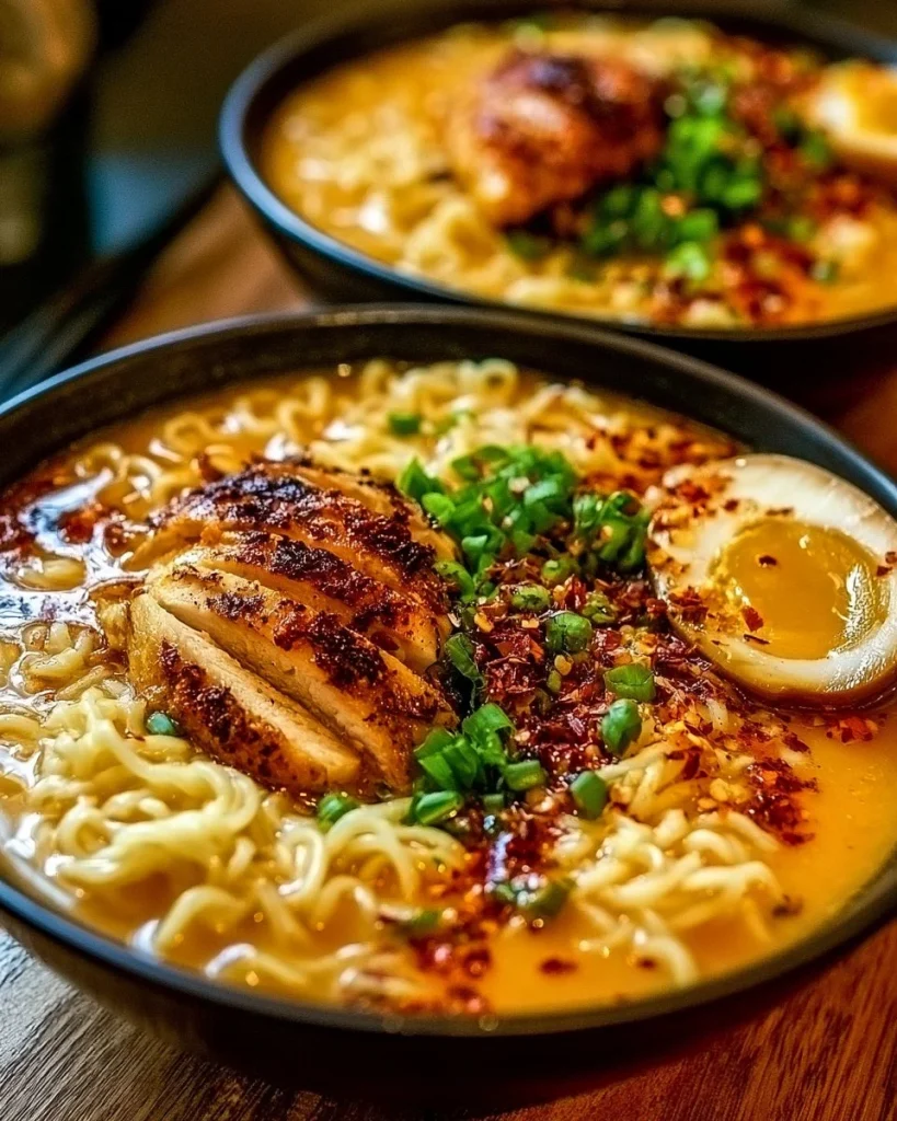 Plato de Pollo Ramen con crema de ajo, presentado en un tazón decorativo.