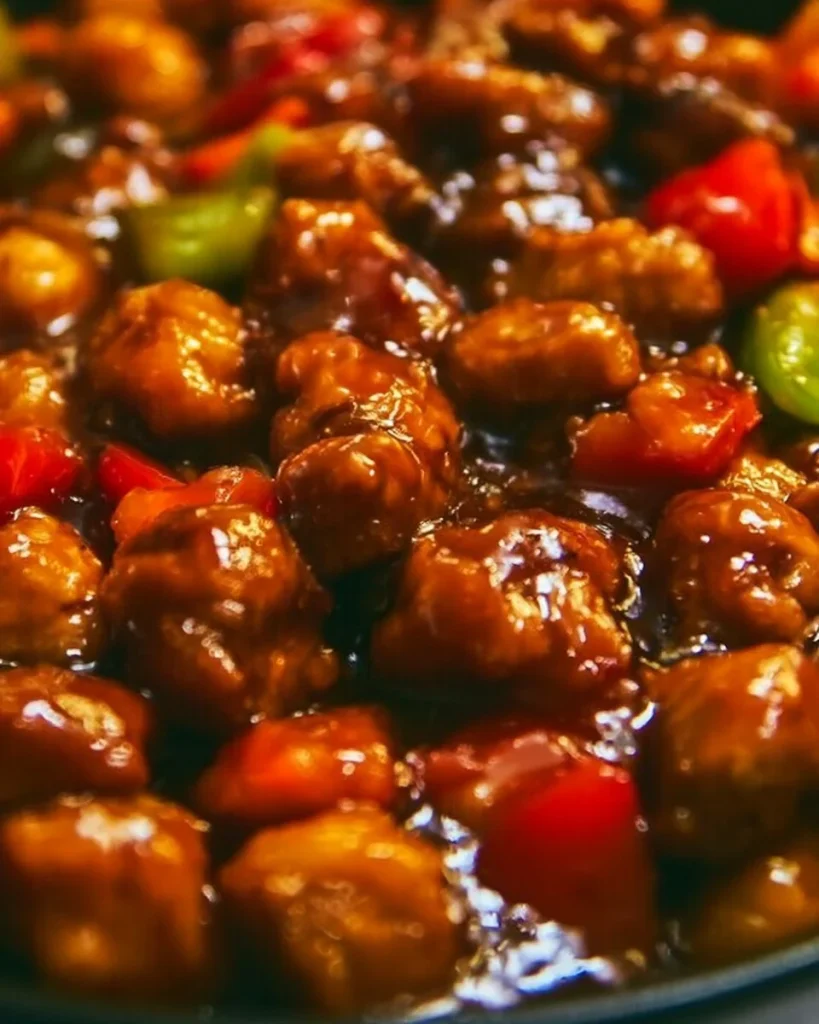 Pollo Teriyaki delicioso en plato decorado con semillas de sésamo y cebollín