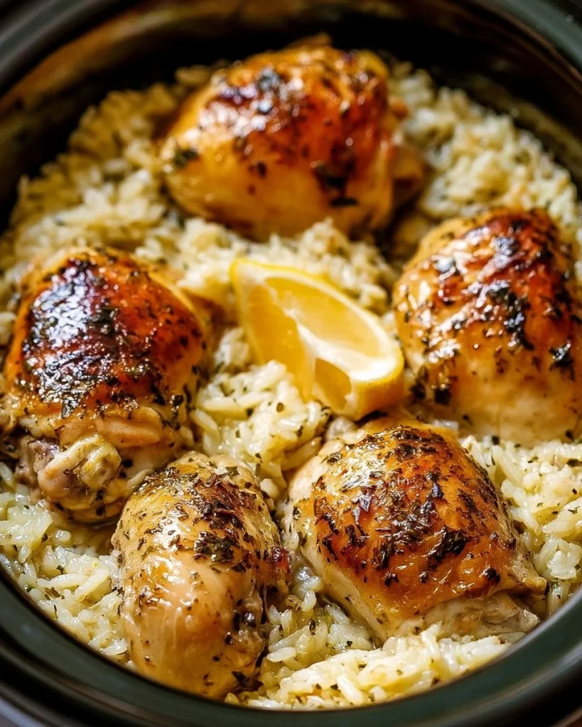 Plato de pollo y arroz con limón y hierbas en olla de cocción lenta