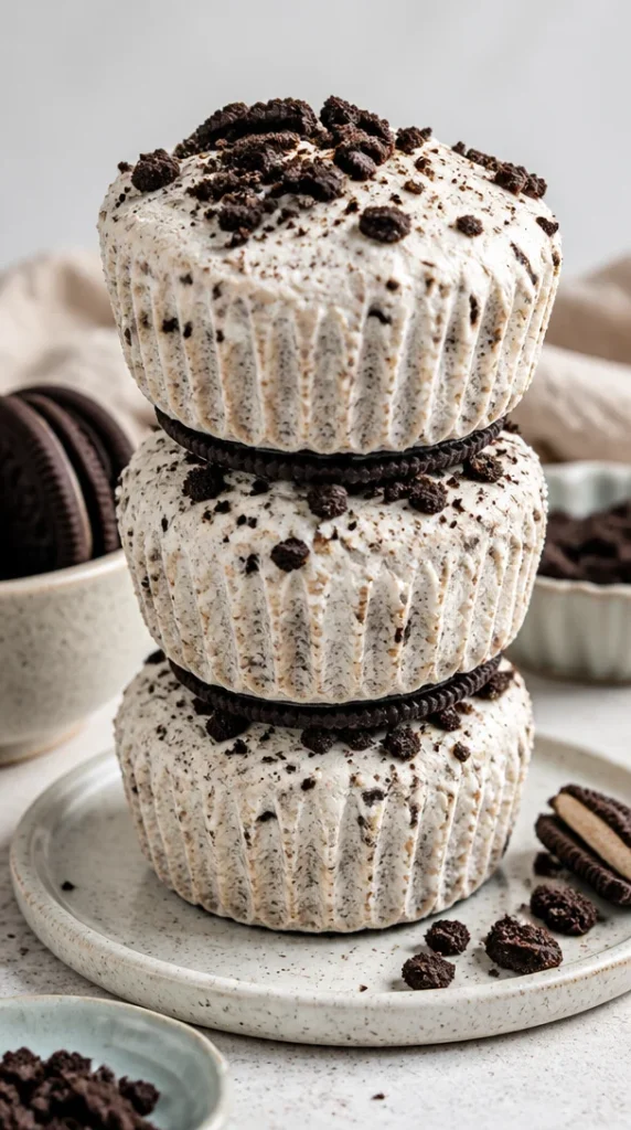 Bocaditos de cheesecake de Oreo saludables sin hornear en un plato