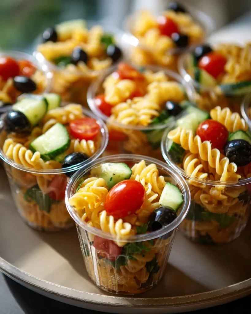 Taza de ensalada de pasta colorida y fresca con ingredientes variados.