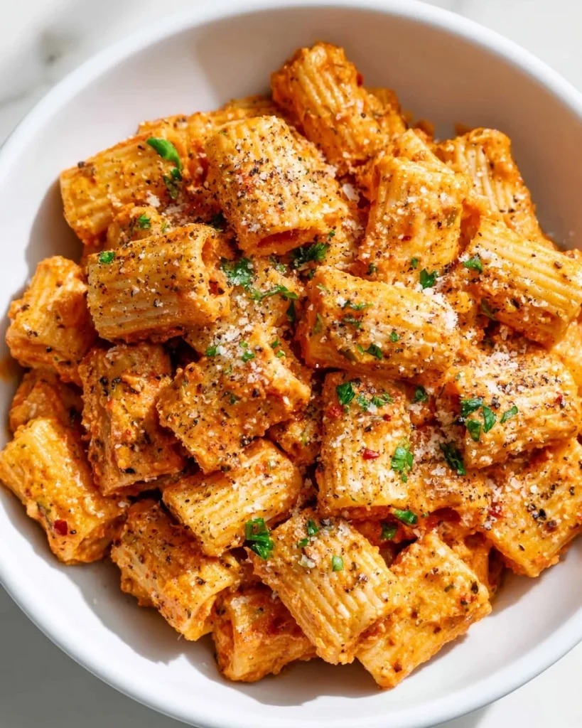 Plato de Rigatoni con Requesón, pasta cremosa y rica en proteínas