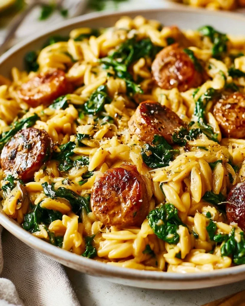 Plato de salchicha de pollo cremosa con orzo en una sartén