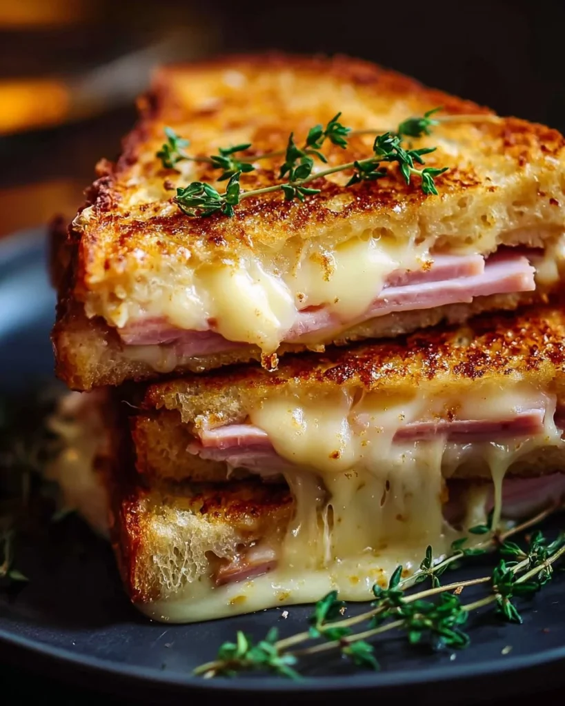 Sándwich de jamón y queso fundido servido con ingredientes frescos