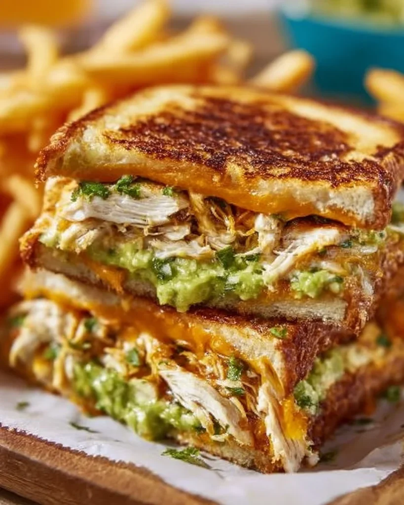 Sándwich de pollo con aguacate fresco y crujiente servido en un plato