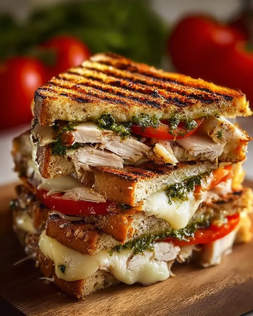 Sándwich gourmet de sourdough con pollo pesto y vegetales frescos