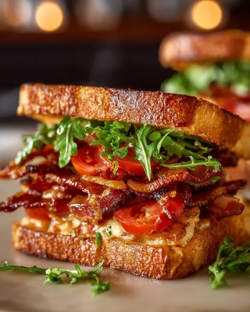 Sándwich de tocino crujiente con ingredientes frescos y apetitosa presentación
