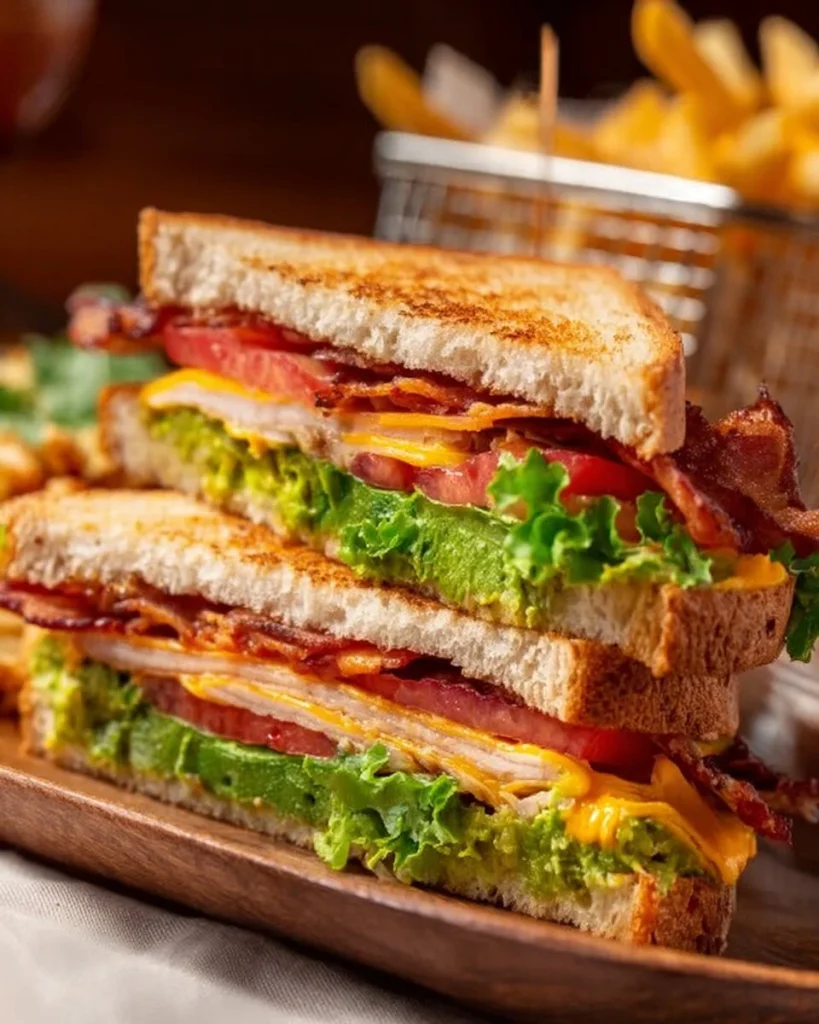 Sándwiches club de pollo jugosos con vegetales frescos y pan tostado