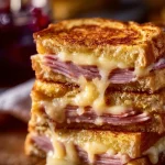 Sándwich Monte Cristo con queso, jamón y mermelada en un plato