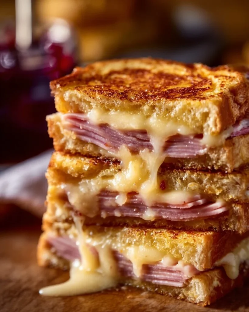 Sándwich Monte Cristo con queso, jamón y mermelada en un plato