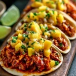 Tacos de pollo con piña servidos en un plato colorido