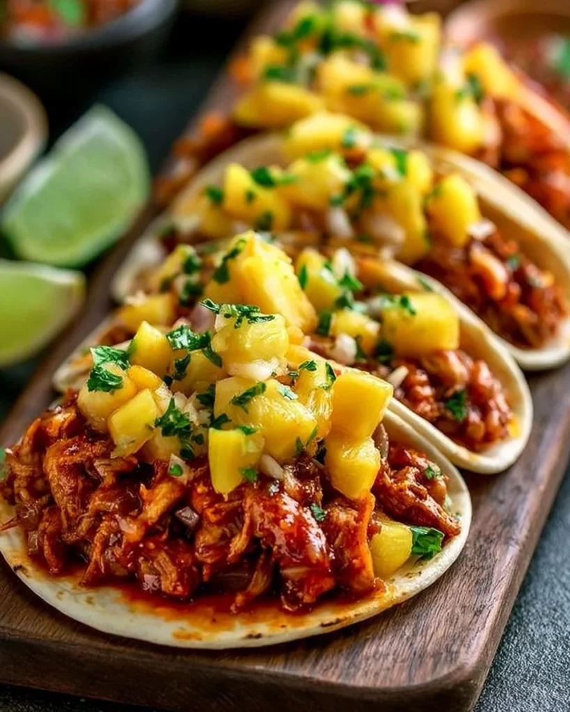 Tacos de pollo con piña servidos en un plato colorido