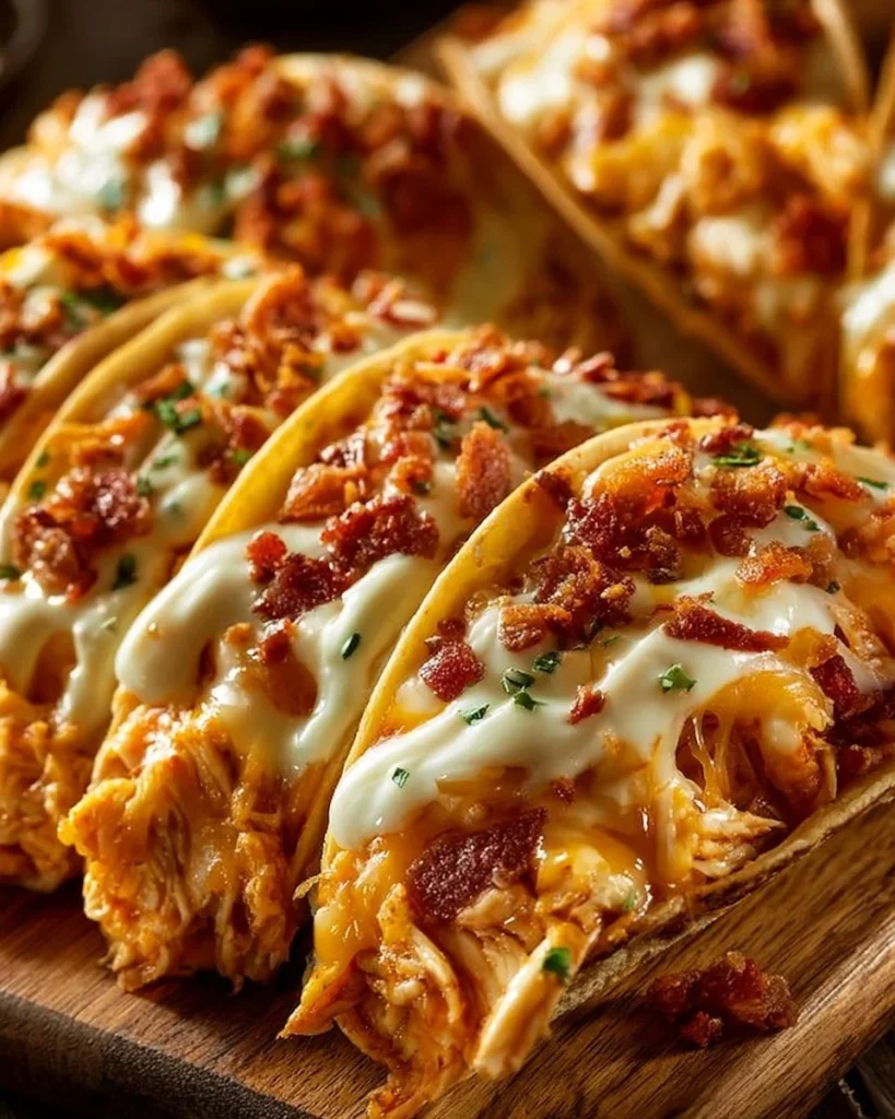 Tacos de Pollo Ranchero Cremoso con Cheddar servidos en un plato colorido.