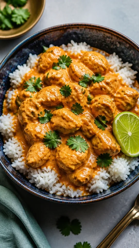 Tazón de arroz con pollo al coco, cremoso y sabroso plato típico.