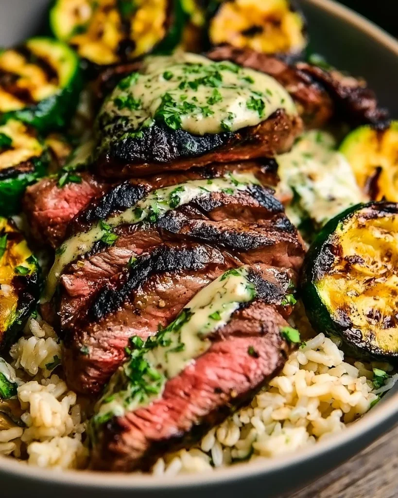 Tazón de bistec a la parrilla con salsa y zucchini asado