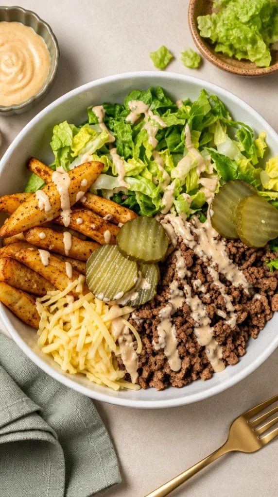 Tazón de hamburguesa con ingredientes frescos y coloridos