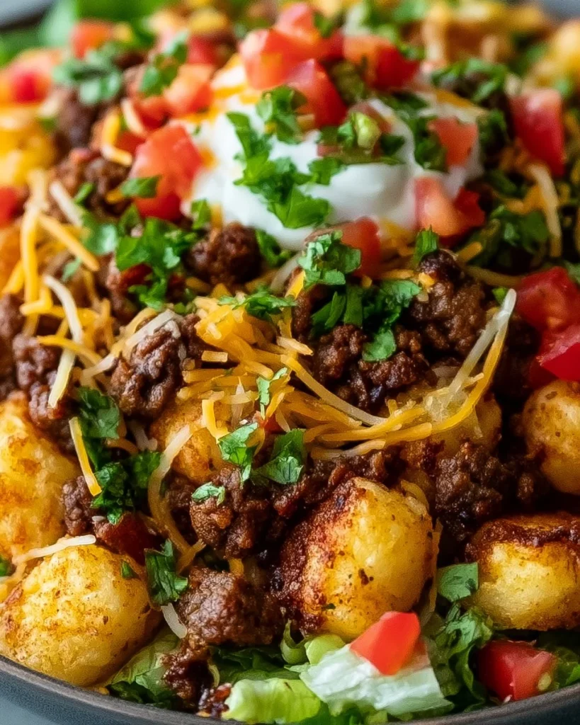 Tazón de Papas Tacos Cargados con queso y crujiente.