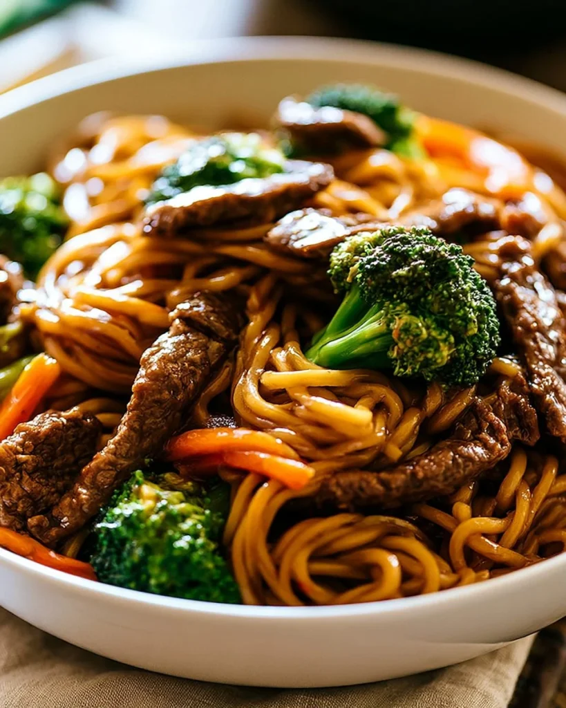 Plato de Ternera y brócoli Lo Mein sobre un fondo colorido