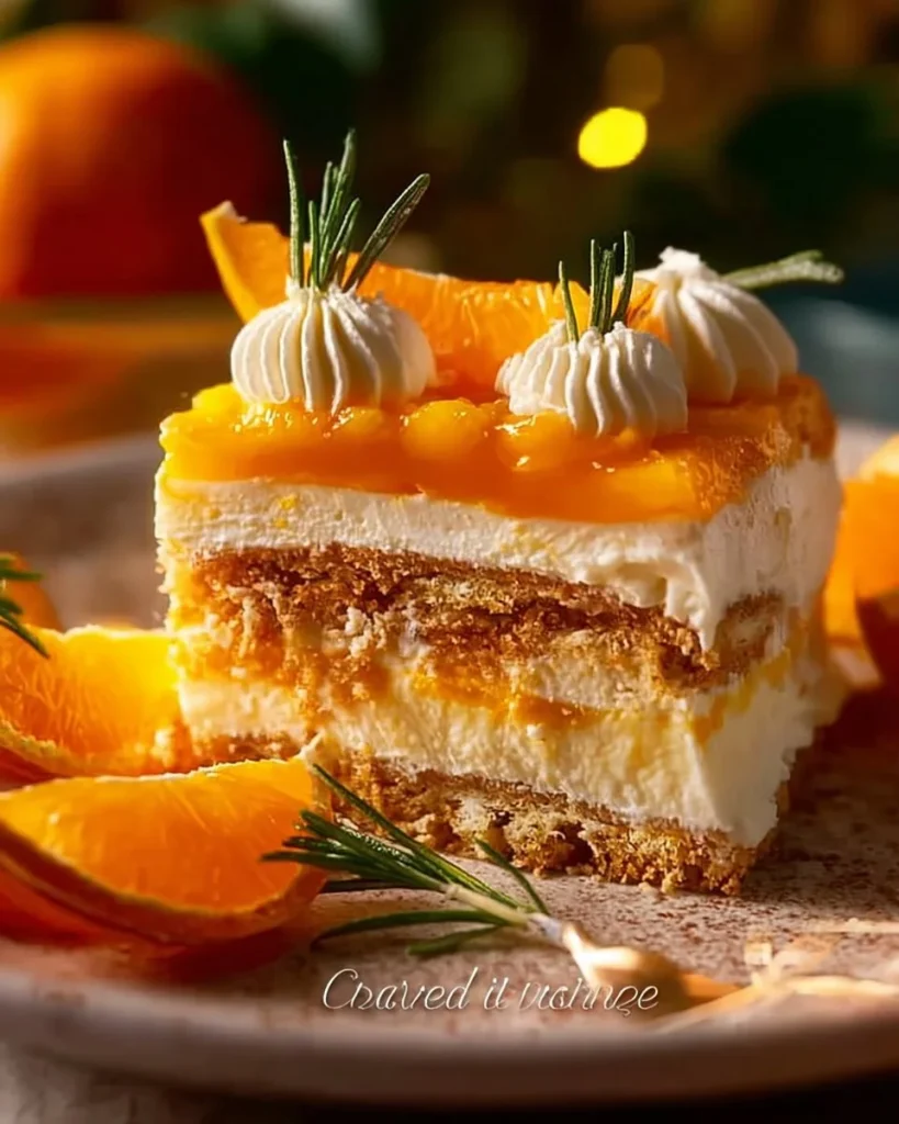 Tiramisú de Naranja servido en un plato, decorado con rodajas de naranja.
