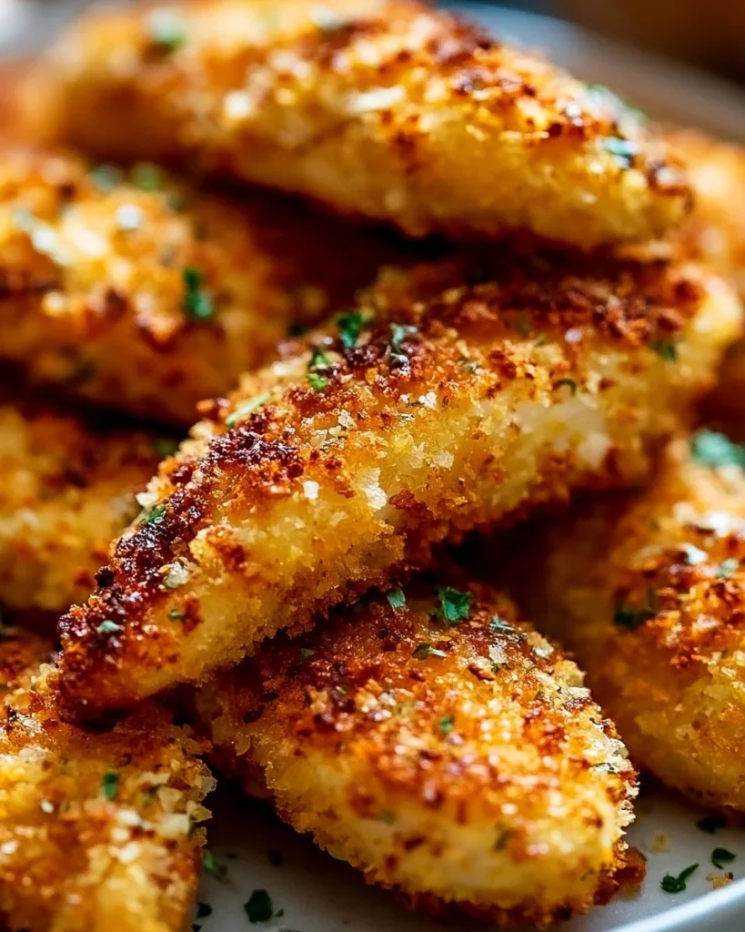 Tiras de pollo al horno doradas y jugosas en un plato.