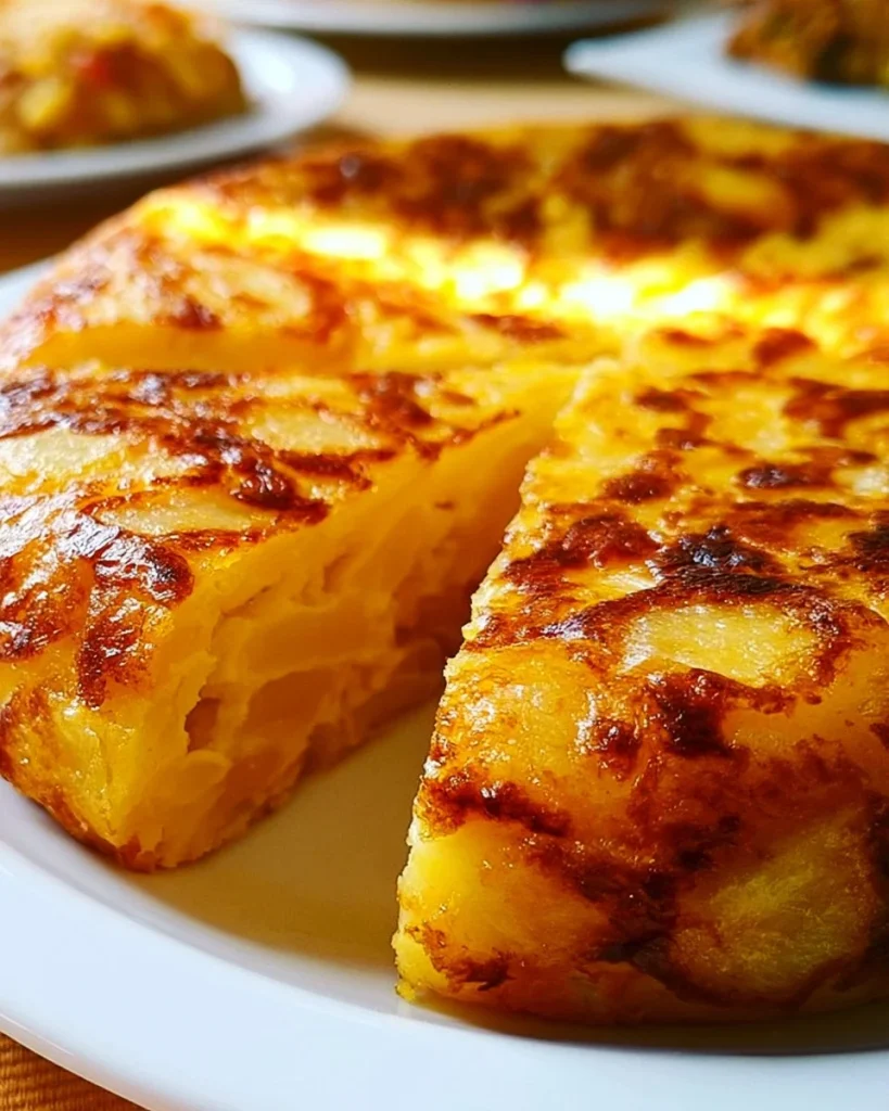 Plato de tortilla española recién hecha con papas y huevos.