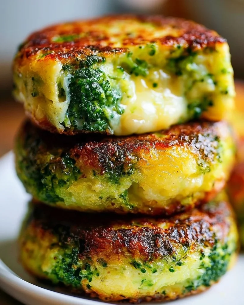 Tortitas de brócoli y papa con queso recién hechas en un plato.