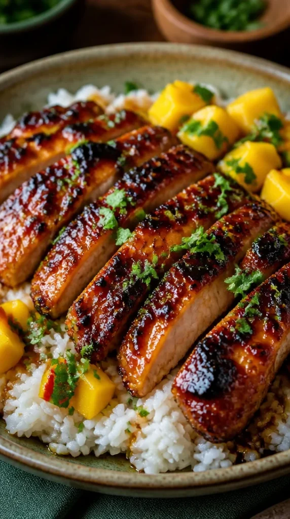 Twists de Pollo con glaseado de mango asiático en un plato