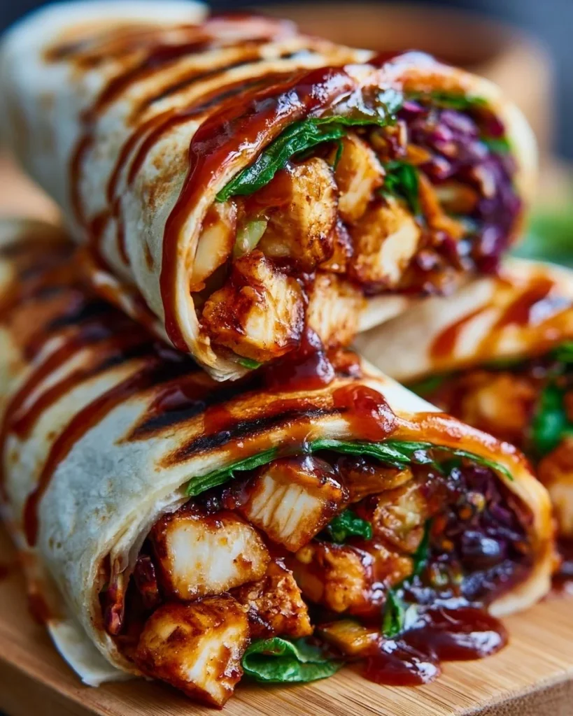 Wraps de pollo a la barbacoa picante con miel en un plato colorido