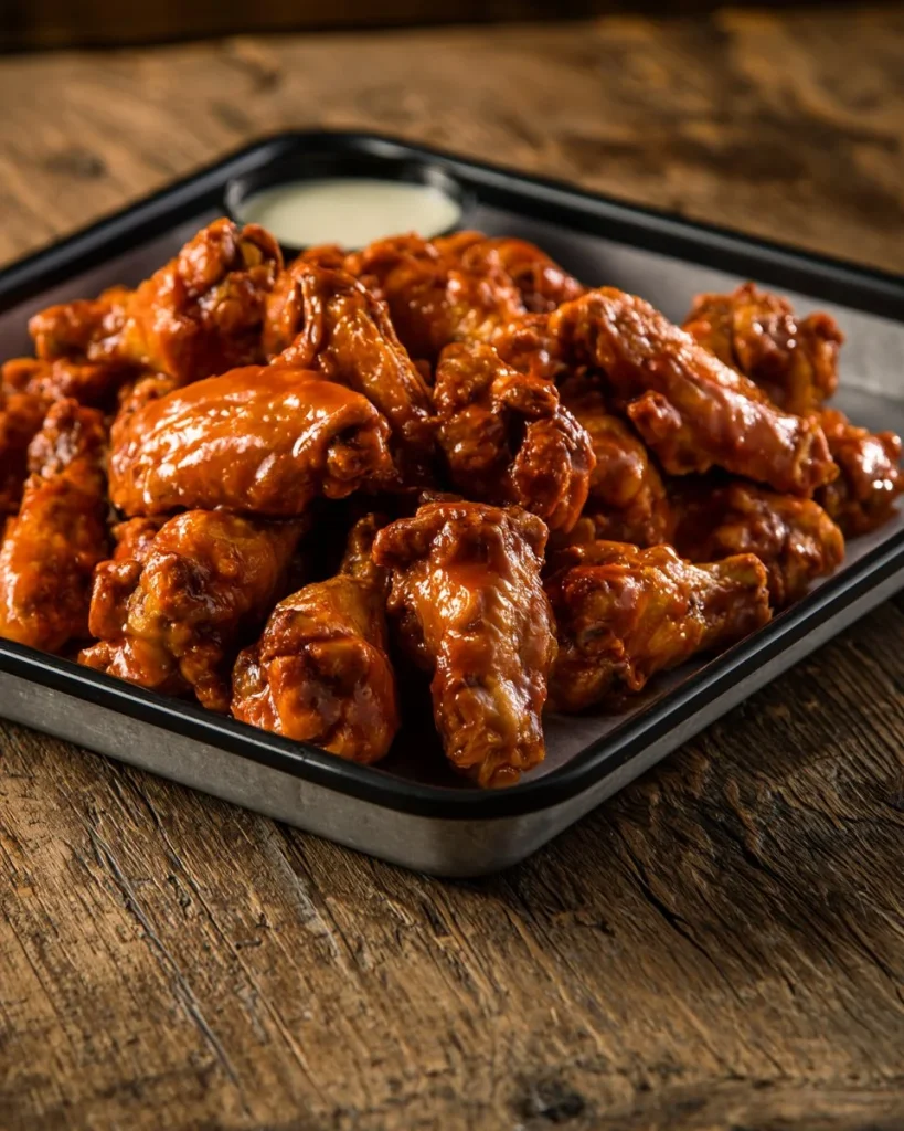 Deliciosas alitas de búfalo servidas con salsa picante y guarniciones.