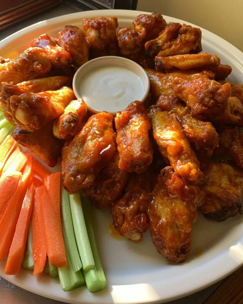 Alitas de búfalo crujientes al horno servidas con salsa picante