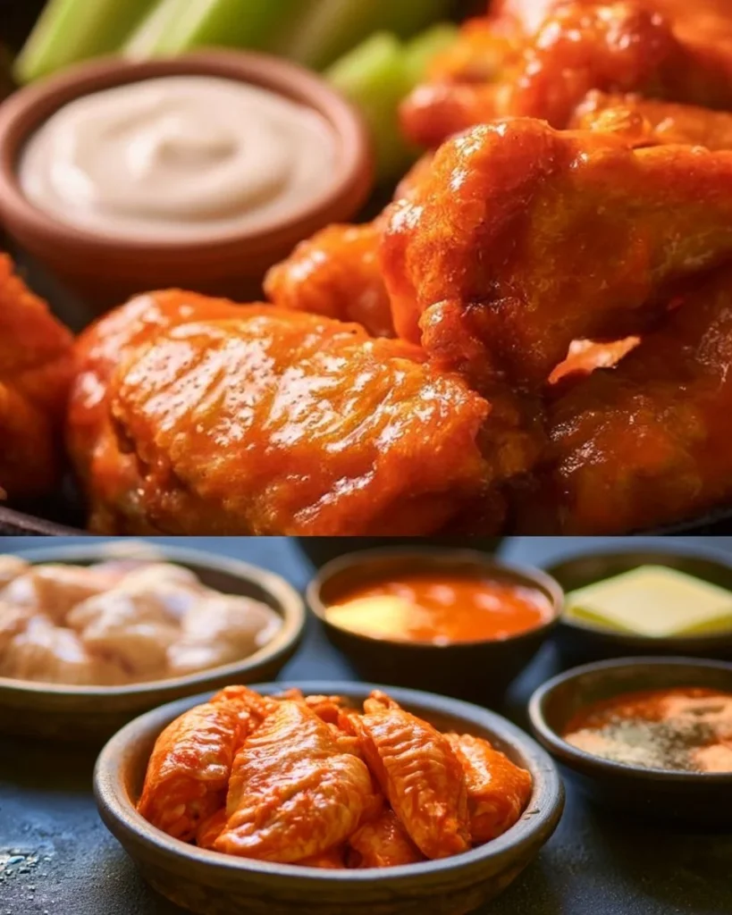Alitas de Buffalo caseras crujientes y jugosas servidas con salsa