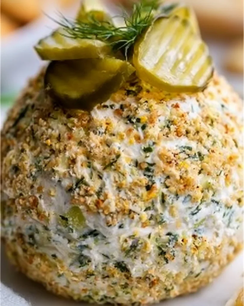 Bola de Queso de Pepinillos con Eneldo en un plato decorativo