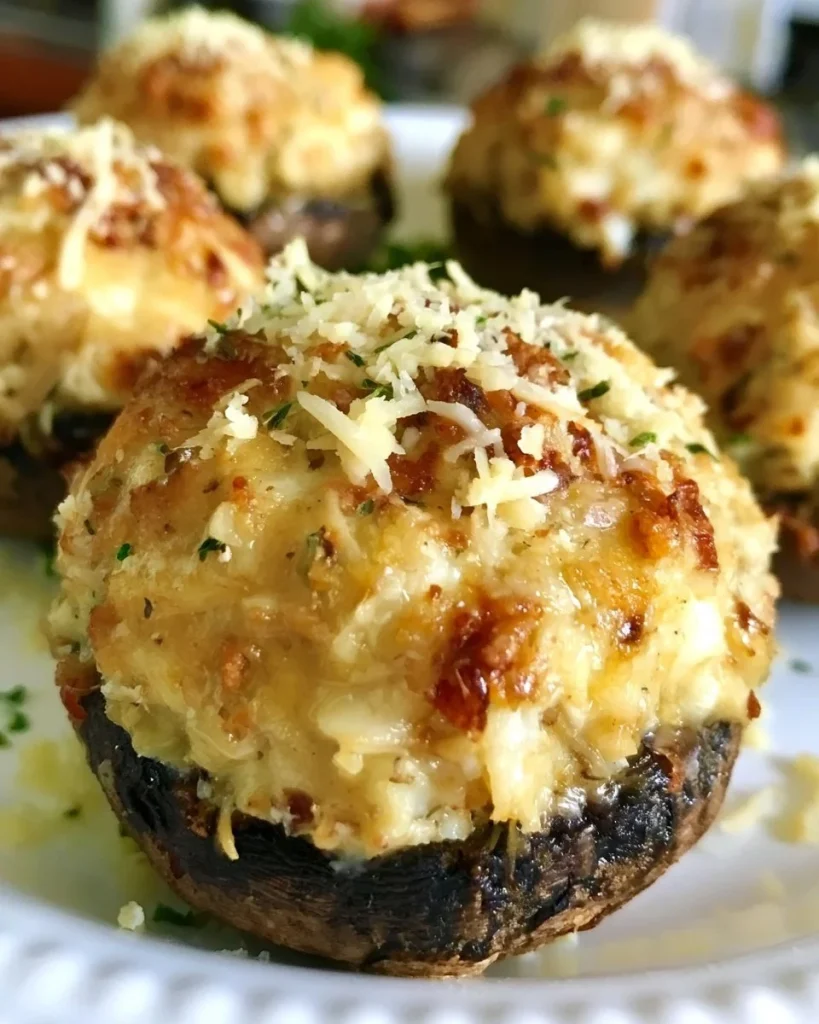 Champiñones rellenos de cangrejo listos para servir